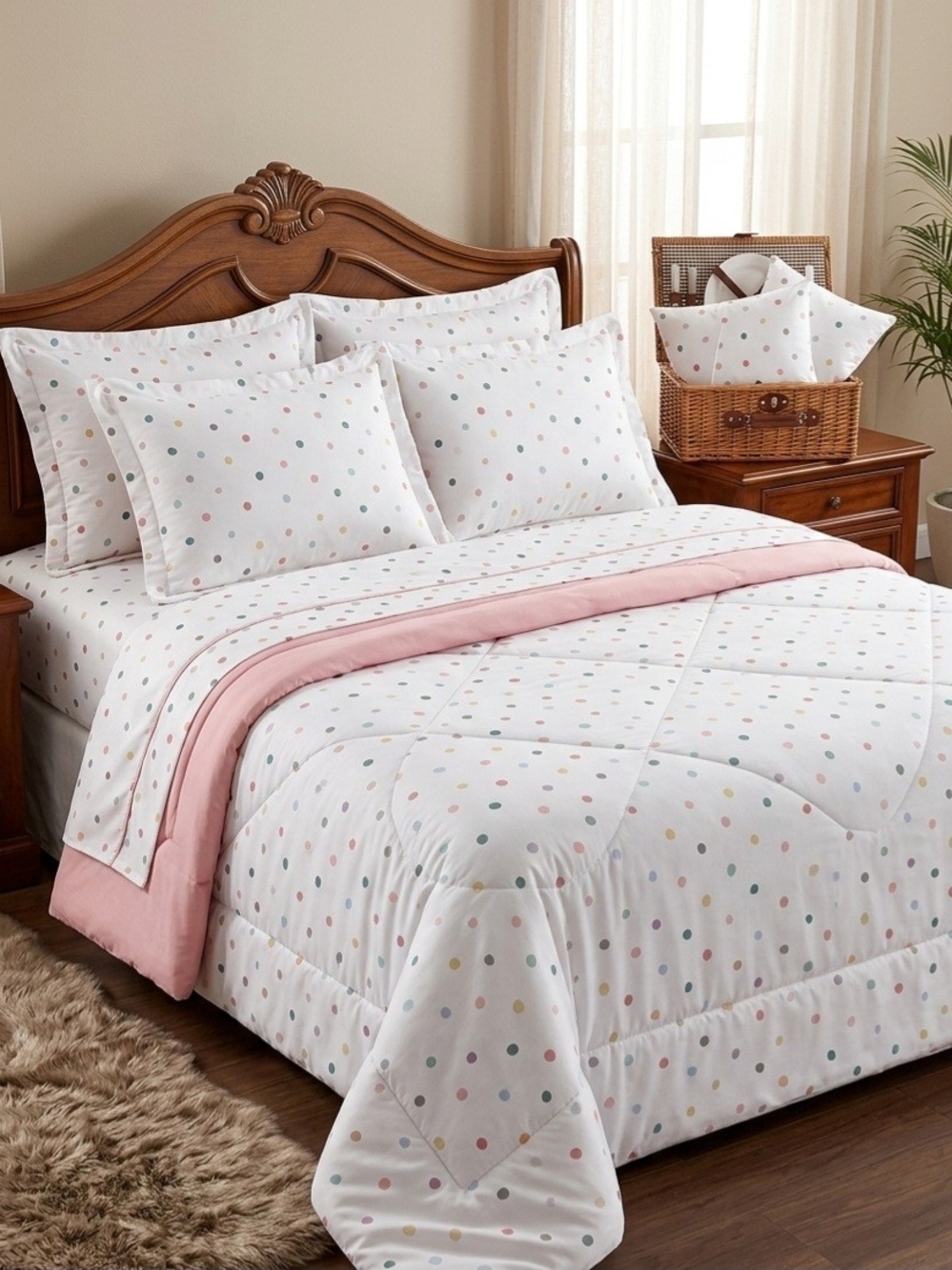 7/7 king size duvet cover, bedsheets and 4 pillowcases. White and pink polka dot